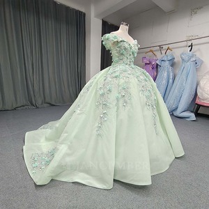 Lsany227 Robe de bal vert sauge, longueur ras du sol, avec traîne chapelle, dentelle florale et perles 3D, pour Quinceañera et fête d'anniversaire - Product Image 6