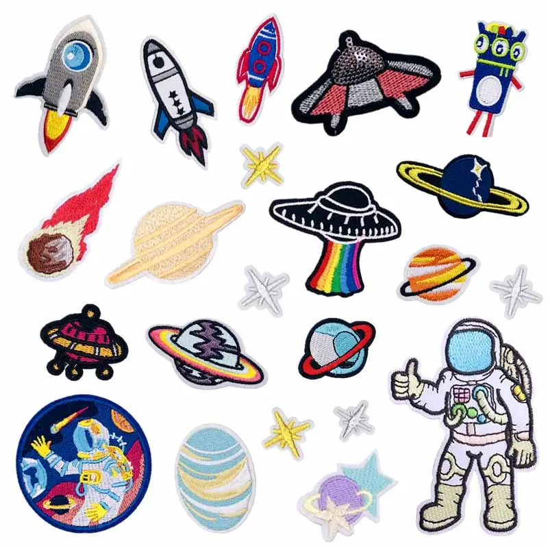 Термопресс, вышивка, патчи, астронавт, планета, космический корабль, инопланетянин, мультяшный микроштамп, ракета, компьютерная вышивка, этикетка