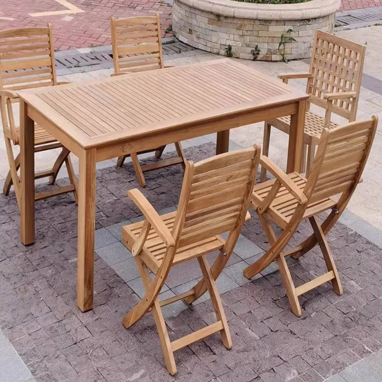 Set meja makan luar ruangan 8 tempat duduk bahan kayu Solid furnitur luar ruangan taman bebas pajak kursi lipat