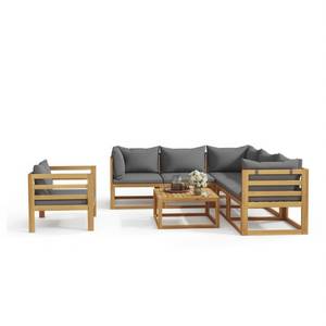 Ensemble de salon de jardin en bois d'acacia massif avec coussins, 7 pièces, mobilier d'extérieur au design contemporain - Product Image 1