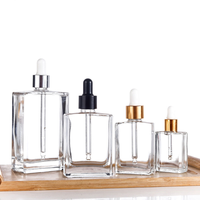 Botol Minyak Esensial Kaca Bening Persegi Panjang 15ml 30ml 50ml 100ml dengan Pipet, Sablon, Kemasan Karton, untuk Kosmetik, Logo Custom, Model