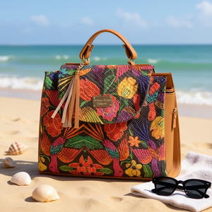 Bolso Tote Mediano de Yute para Mujer Fana Emilia, con Patrón Serigrafiado y Cierre de Broche, para Uso en la Playa - Product Image 2