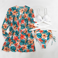Traje de baño floral de cintura alta para mujer, conjunto de traje de baño de tres piezas con espalda descubierta y escote en V