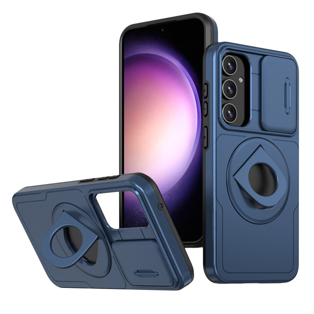 Hollow-out Ring Holder with Lens Push Window Hybrid Magnetic Charging Mobile Phone Case for Samsung S23 FE S24 Ultra S25 Plus