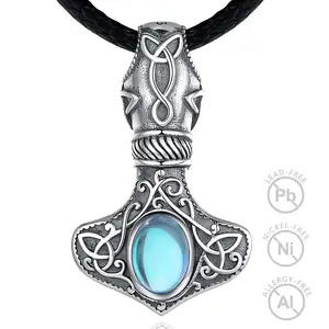Changda 925 Sterling Silver Noridc Jewelry Moonstone Viking Thor Hammered Hammer Pendant Necklace