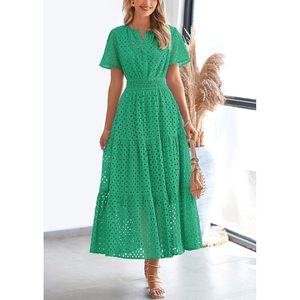 Vestido largo de mujer con manga corta, cuello en V, diseño calado, línea A, cintura elástica, transpirable, informal, para playa o vacaciones - Product Image 5