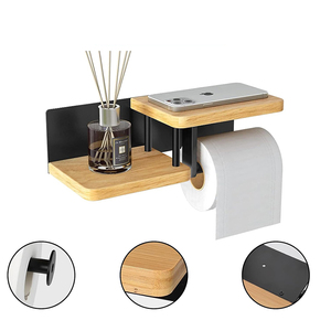 Support adhésif pour <span class=keywords><strong>papier</strong></span> toilette en fer/bois avec distributeur de lingettes humides et étagère - Product Image 3
