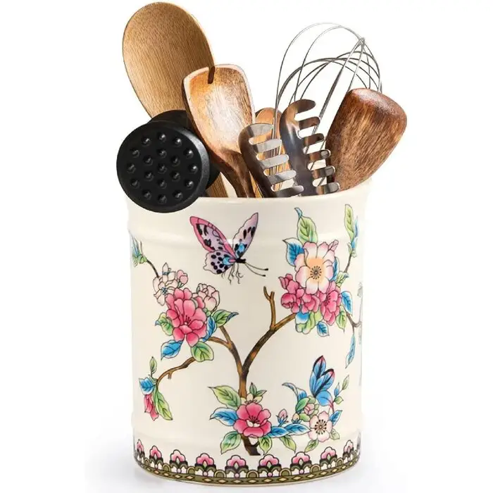 Wadah Peralatan Keramik Dekoratif dengan Kupu-kupu Cerah, Pola Bunga Vas Ember Anggur Di Meja Makan Anda