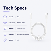 Stok Tersedia Kabel Pengisian Cepat USB-C ke USB-C 60W 2M Silikon Lembut, Kabel Sinkronisasi Data Tipe-C untuk Ponsel, Tablet, Power Bank