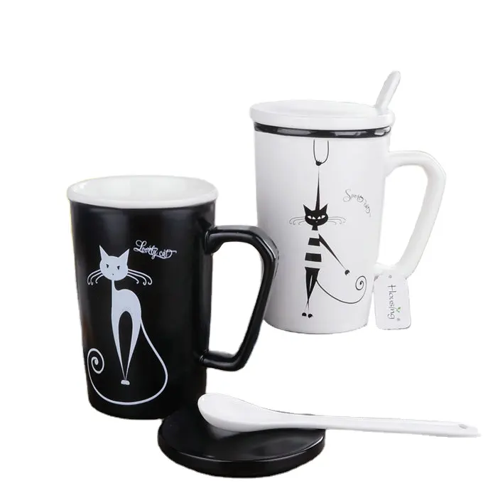 Cat design ceramic couple mugs with spoon and lid