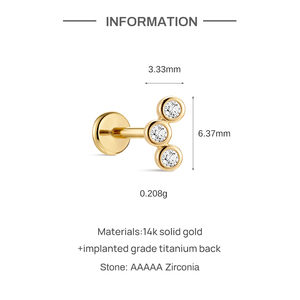 Pendiente de cartílago minimalista de titanio G23 con parte superior de oro macizo de 14K y 3 circonitas engastadas en bisel, con parte trasera plana, para mujer - Product Image 4