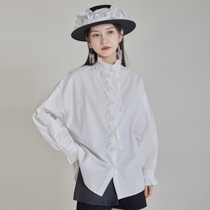 Chemises <span class=keywords><strong>Blouse</strong></span> Femmes Haut De Gamme Industrie Lourde En Trois Dimensions Rose Brodé Col Montant Noir Chemise Bouton Coton Automne - Product Image 2