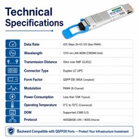 Transceiver optique 400GBASE-LR4 QSFP-DD 1310nm 10km Duplex LC SMF DOM PAM4 pour l'interconnexion des centres de données