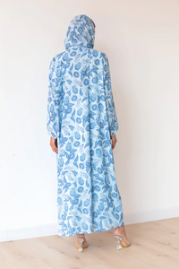 LEDUO Ramadan <b>Eid</b> Casual Modest Wear Blue Leaf Print <b>Long</b> Sleeve Striped Hooded Open Muslim Abaya - Product Image 2