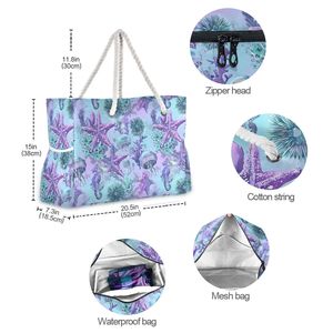 Summer Bohemian Style Women's Tote Purple Starfish Jellyfish Print Custom Logo Nylon Large <b>Beach</b> Tote <b>Bag</b> with Rope Handles - Product Image 5