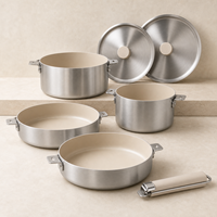 Ensemble de batterie de cuisine en céramique antiadhésive avec poignée amovible, comprenant poêle à frire, casserole, sauteuse et faitout, empilable pour un gain de place
