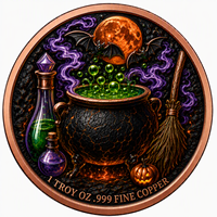 Pièces de monnaie en cuivre à haute relief, en cuivre pur .999, avec motifs commémoratifs Halloween (chapeau de sorcière, balai, citrouille), impression UV colorée
