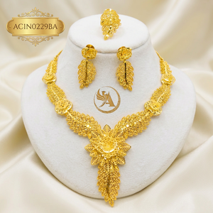 Wholesale African Gold Plated Leaf Necklace Set with Earrings & Ring <b>Bridal</b> Party Jewelry Ethiopian Jewelry Fashion - Product Image 1