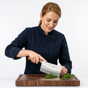 Couteau de cuisine JAYA MATA à manche en bois, acier inoxydable, ambidextre, 7-3/4 pouces, durable, extra tranchant, finition brossée - Product Image 1
