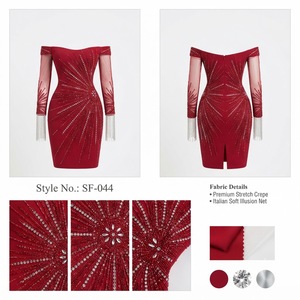 Vestido corto rojo burdeos con hombros descubiertos para mujer, con bordado de cristales en forma de rayos de sol y elegantes detalles de flecos para cóctel - Product Image 3