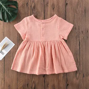 Kids Summer Pure color Baby Girls 6M-3T Cotton Linen Dress Fashion Plain Short sleeve Mini Sundress Party A-line Clothes