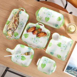 Ceramic Bone China Tableware Plates Bowls Dishes <b>Microwave</b> Safe Glazed Plant Pattern Household High-End Fresh Style <b>Set</b> Spoon - Product Image 1
