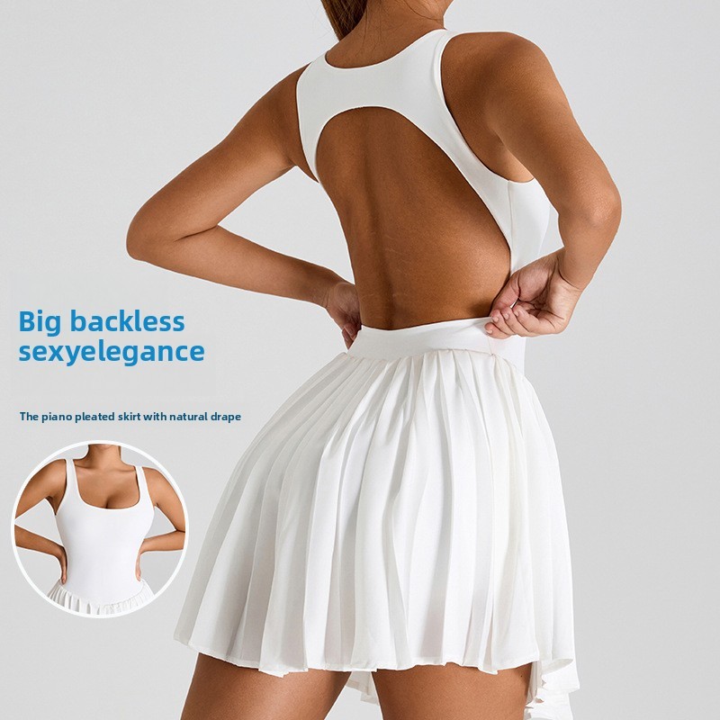 European American Women's New Style Breathable Spandex/Nylon V-neck Pockets Sports Dress Anti-Exposure Pleated Yoga Skirt Tennis