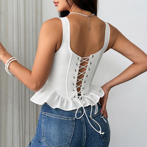 Débardeur Sexy à Lanières avec Nœud et Laçage pour Femme Dos Nu à Bretelles Croisées Corset Blanc à Volants et Baleines Bustier Camisole - Product Image 4