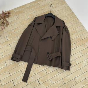 Manteau <span class=keywords><strong>trench</strong></span> pour femme, style rétro automne français, grand col montant, épaules larges, <span class=keywords><strong>court</strong></span>, double boutonnage, ceinture à nouer, doublure en polaire - Product Image 5