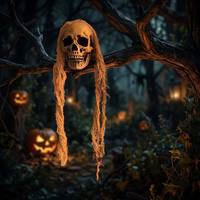 Squelette de crâne suspendu effrayant de 60 cm pour Halloween avec drap de cérémonie en gaze blanche, accessoires de fête pour maison hantée, jardin et extérieur