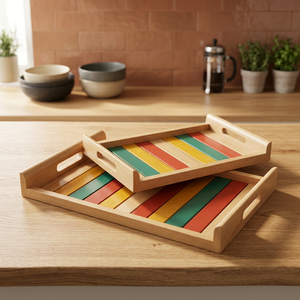 Plateaux de service ménagers 100% écologiques en bois naturel gravé à motifs floraux, durables, avec revêtement poudré, faits à la main, jetables et compatibles lave-vaisselle - Product Image 1
