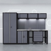 Station de travail de garage en L personnalisable à 10 modules avec îlot central autoportant, panneau perforé et outils professionnels