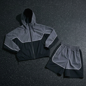 Ensemble de survêtement sportif unisexe gris et noir, coupe-vent, à capuche, fermeture éclair, manches longues, short respirant, hiver, adulte, coupe classique - Product Image 3