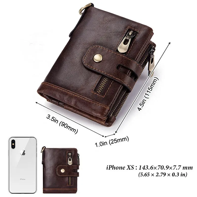 Mens Wallet Rfid Blocking Hot Sale Cowhide Mini Genuine Leather Wallets RFID Blocking Luxury Gents Custom Zipper Mens Slim Wallet With Chain