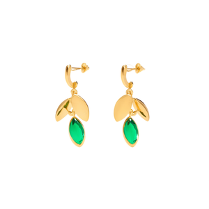 Fashion Drop <b>Earrings</b> <b>Gold</b> Plated 316L Stainless Steel Green Gemstone Leaf Design <b>Dangle</b> <b>Earrings</b> - Product Image 2