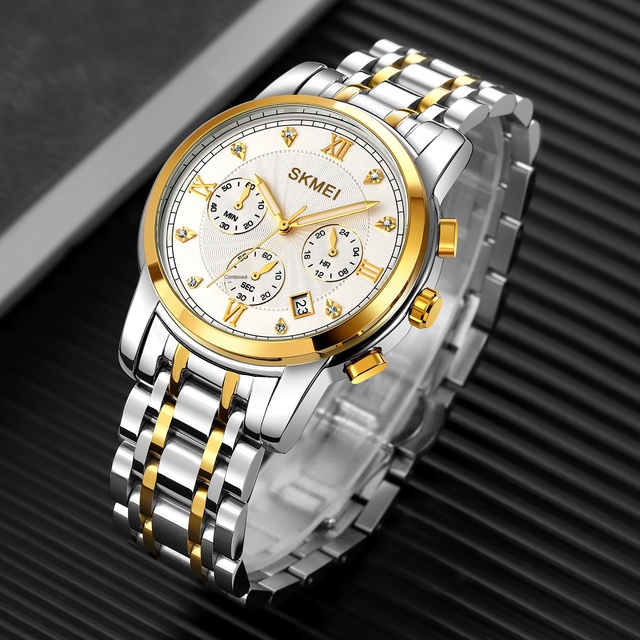 Luxury Men's Watch Skmei 1904 Diamond Solid Steel Band Six-Pin Multi-Function Minute Second Chronograph Simple Elegant Design