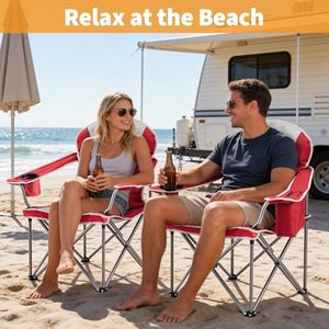 Chaise de camping pliante rouge surdimensionnée moderne pour adultes, portable, robuste, supporte 500 LBS, avec porte-gobelets, pour la plage et l'extérieur - Product Image 2
