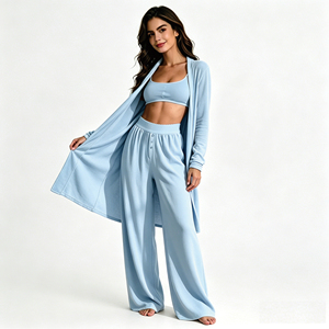Ensemble de détente en coton biologique pour femmes, tricoté, doux et lisse, <span class=keywords><strong>haut</strong></span> à <span class=keywords><strong>manches</strong></span> <span class=keywords><strong>longues</strong></span>, débardeur, cardigan, short, <span class=keywords><strong>pyjama</strong></span> toutes saisons - Product Image 5
