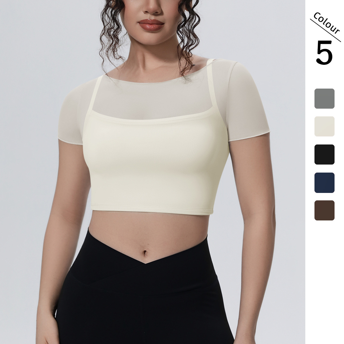 New Cross-border Solid Color Mesh Double-layer Breathable Short-sleeved Top Tight-fitting Casual Sports Yoga
