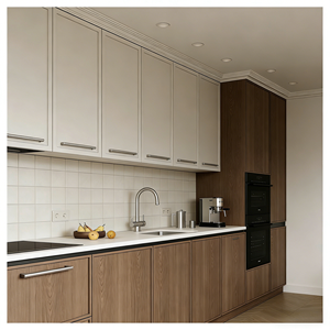 Armoire plate minimaliste Vermont, base en bois <span class=keywords><strong>de</strong></span> <span class=keywords><strong>noyer</strong></span>, armoire <span class=keywords><strong>de</strong></span> <span class=keywords><strong>cuisine</strong></span> en bois bicolore avec <span class=keywords><strong>plan</strong></span> <span class=keywords><strong>de</strong></span> <span class=keywords><strong>travail</strong></span> en quartz blanc - Product Image 3