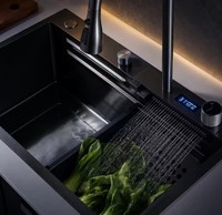 Évier de cuisine intelligent à cascade, fait main, moderne, en acier inoxydable 304 noir nano, avec affichage numérique, poste de travail, grand format, simple, vente en gros