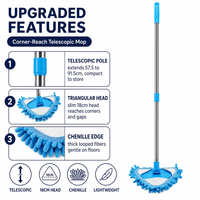 Tête de balai triangulaire pour coins, manche télescopique extensible de 57,5 à 91,5 cm, tête fine de 18 cm, atteint les coins et les interstices, bord en chenille doux