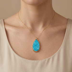 Turquoise Jewelry Pendant <b>Necklace</b> 18k Gold Plated Brass Pear Stone Leaf Designer Collet Punk Style Wedding <b>Statement</b> <b>Necklace</b> - Product Image 3