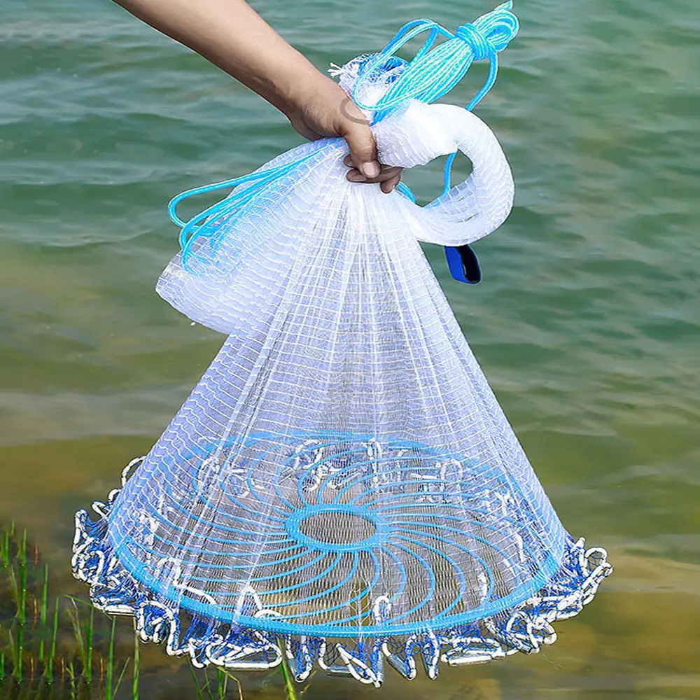 Baiyuheng新しいプラスチック編組折りたたみ丸漁網は、ハンドル付きのトラップ乾燥魚収穫ネットをキャッチします
