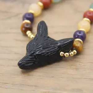 Collane di Yoga fatte a mano-naturale nero <span class=keywords><strong>ossidiana</strong></span> testa di lupo ciondoli nodato perline di Lava <span class=keywords><strong>gioielli</strong></span> di Mala per la meditazione <span class=keywords><strong>gioielli</strong></span> di preghiera - Product Image 2