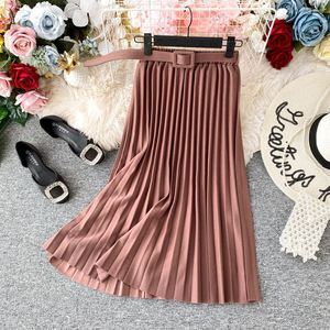 Female Faldas Korean Vintage Women's <strong>Skirt</strong> Belt Casual Fashion Midi Long <strong>Pleated</strong> <strong>Skirts</strong> Ladies <strong>Black</strong> High Waist Plain <strong>SKirt</strong> - Product Image 5