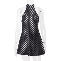Robes d'été mini sexy sans manches à pois pour femmes, dos nu, coupe trapèze, haute qualité, vente en gros