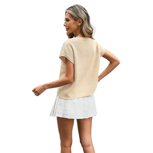 Haut en tricot pour femme, couleur unie, col rond, coupe ample, tricot fin et doux, vêtements décontractés printemps-été - Product Image 4