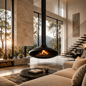 Chimenea Moderna Independiente <span class=keywords><strong>de</strong></span> Acero para <span class=keywords><strong>Leña</strong></span> con Diseño Suspendido para Sala <span class=keywords><strong>de</strong></span> Estar <span class=keywords><strong>de</strong></span> Lujo en Interiores <span class=keywords><strong>de</strong></span> Villas - Product Image 1