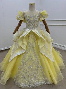 QUEENS Robe De Luxe Applique <span class=keywords><strong>Cour</strong></span> Banquet Fleur Fille Robe De Soirée Jaune Manches Bouffantes Petite Fille Robe pour Anniversaire Robe De Bal - Product Image 6